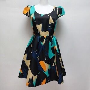 Moulinette Soeurs Abstract Print Dress Fit & Flare Women's 2 Cap Sleeve